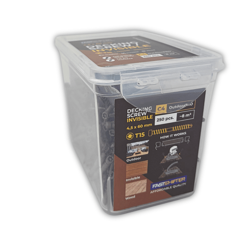 2363-decking-wood-screws-fastshifter-invisible-c4-4-560-mm-tx15--250-pcspack-complete-with-bit (1) Terrassikruvi C4, 4.5x60 pruun 250tk